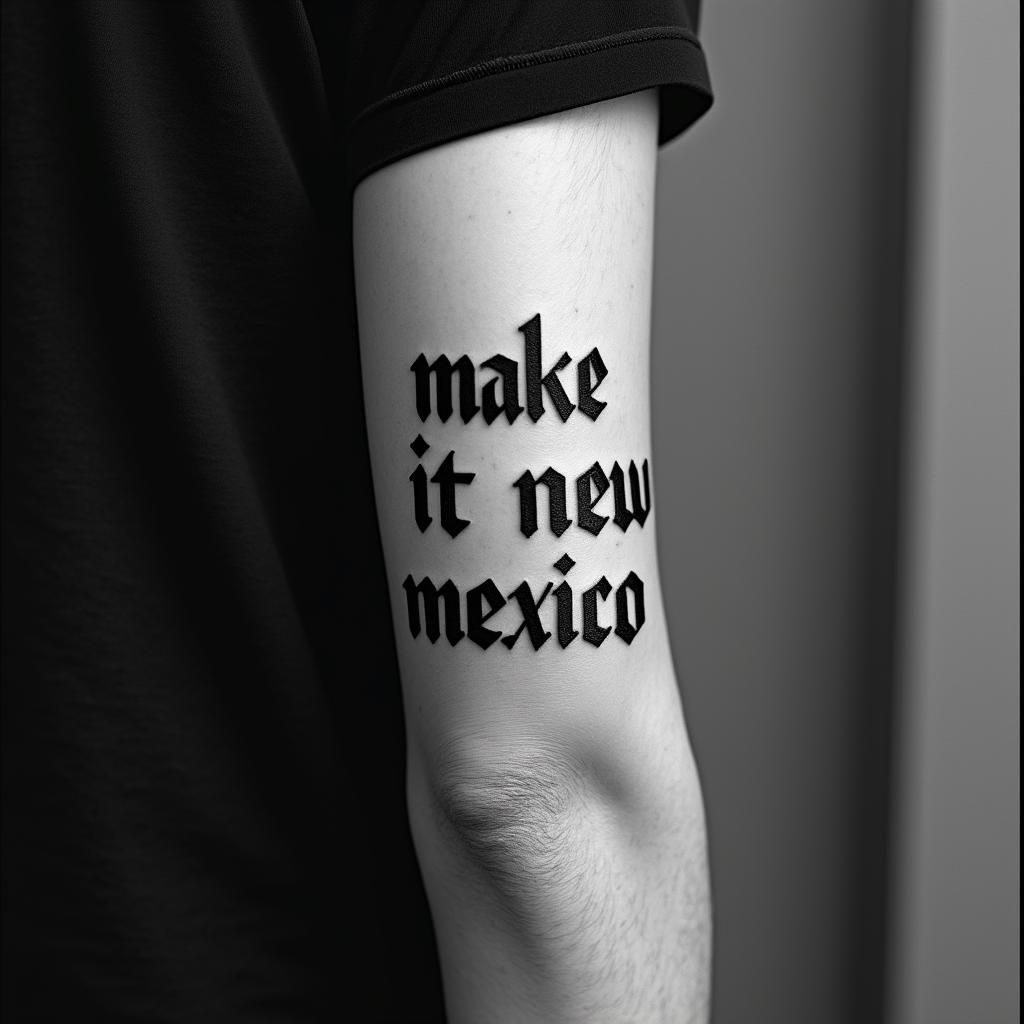 Make it say NEW MEXICOtext-based tattoo, gothic font ultra-realistic, perfectly placed, high-quality font design, photo-realistic shading, 8k, high quality, finely detailed typography