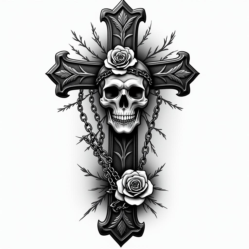 Smile now cry laterin chicano style tattoo, featuring intricate black and grey shading, bold elements of traditional chicano culture symbols, add a big cross with skull, chains and roses - Variation 4