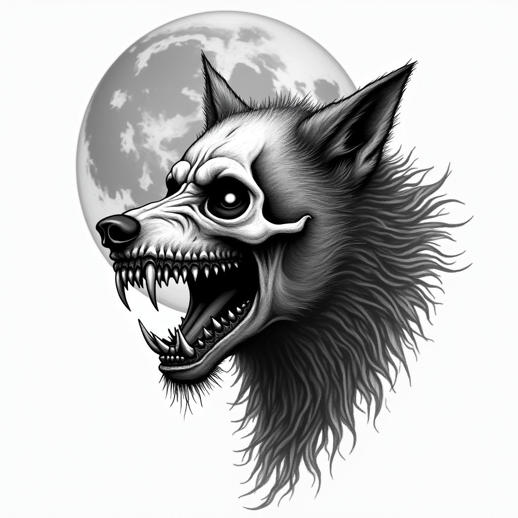 Howling wolf under a full mooncreepy horror tattoo style, featuring an eerie and unsettling skull of a demonic creature, distorted face with sharp fangs, add pentagram symbol - Variation 2