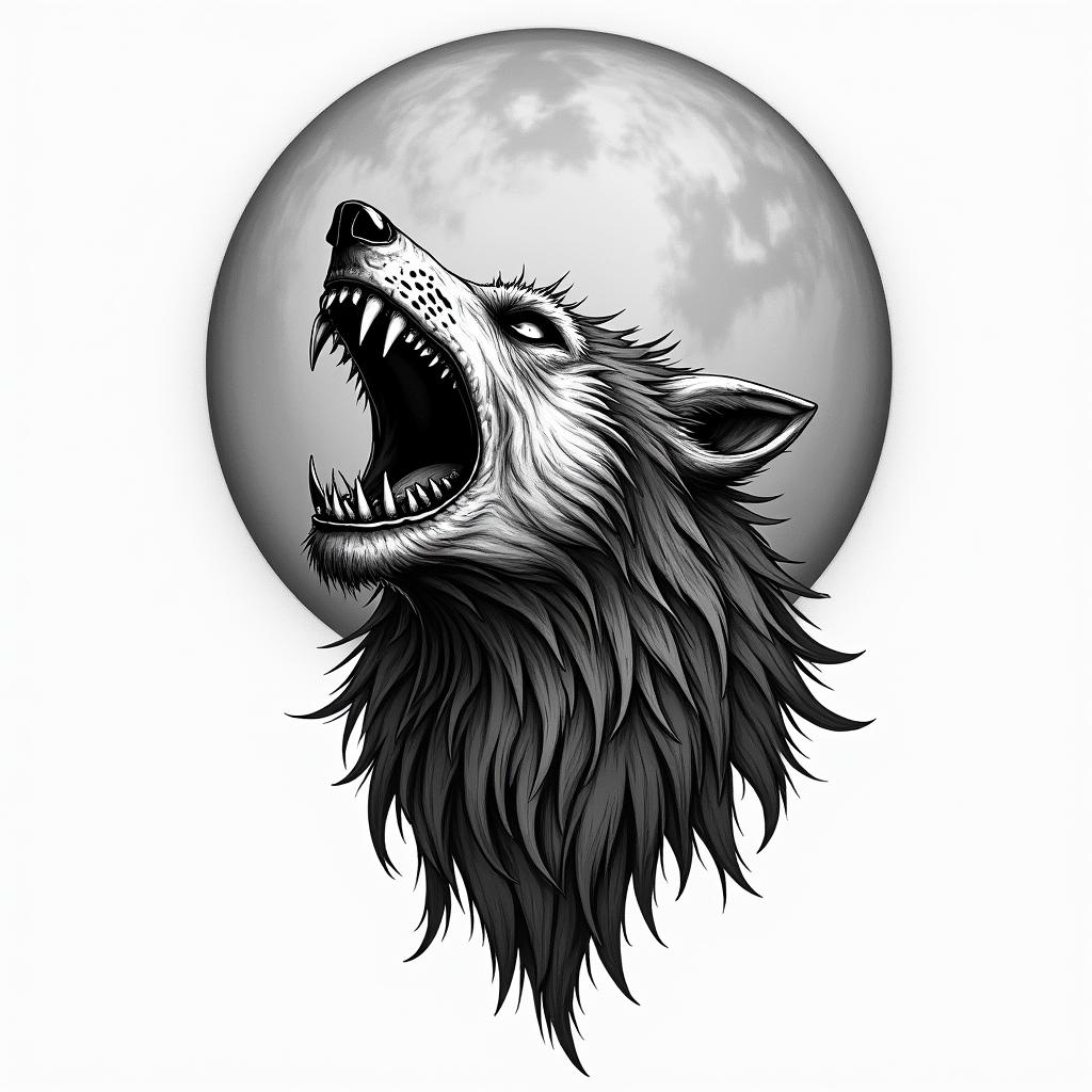 Howling wolf under a full mooncreepy horror tattoo style, featuring an eerie and unsettling skull of a demonic creature, distorted face with sharp fangs, add pentagram symbol - Variation 3