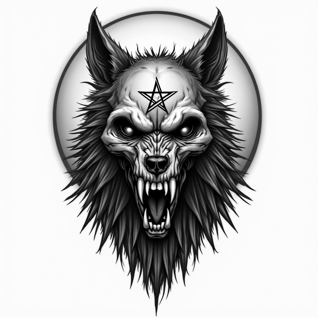 Howling wolf under a full mooncreepy horror tattoo style, featuring an eerie and unsettling skull of a demonic creature, distorted face with sharp fangs, add pentagram symbol