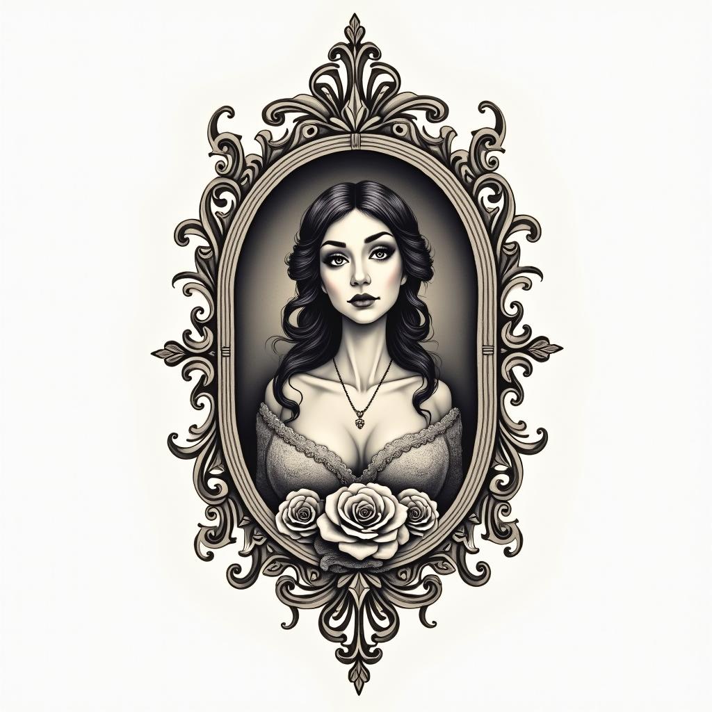 Alexis,capricornio,18011984in victorian style tattoo, featuring vintage and elegant elements, ornate frames, roses, antique, sepia-toned color scheme - Variation 2