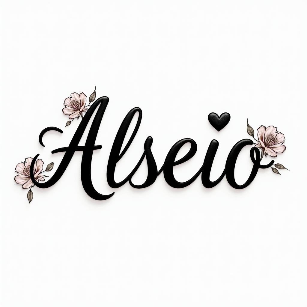 Alessio ❤️in elegant cursive calligraphy style 2d tattoo, decorate with roses, featuring a smooth and flowing handwritten script with slightly thickened strokes for a luxurious and bold appearance, heart symbol between names, sleek and glossy black text with shadowing, minimalist matte white background, clean and sharp edges, illuminated with soft lighting, romantic, 8k, high-quality textures with refined typography - Variation 2
