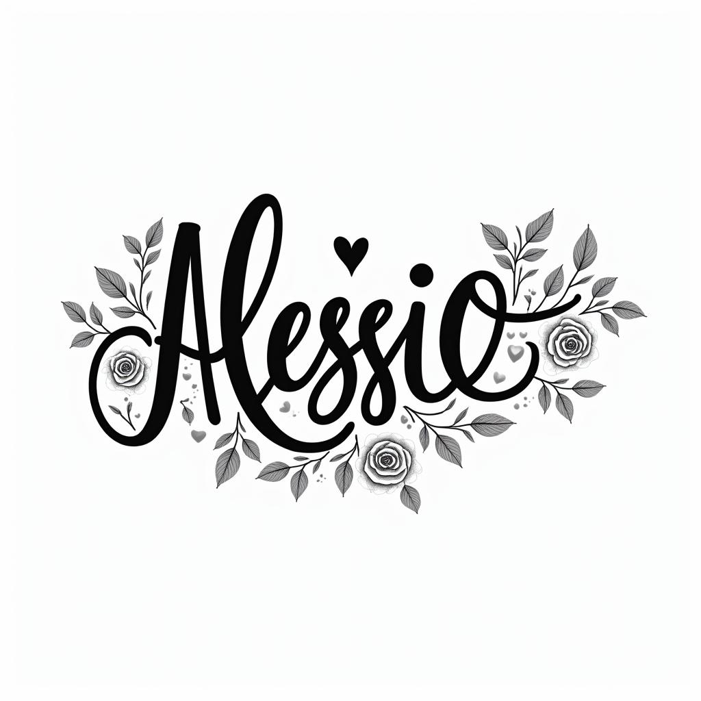 Alessio ❤️in elegant cursive calligraphy style 2d tattoo, decorate with roses, featuring a smooth and flowing handwritten script with slightly thickened strokes for a luxurious and bold appearance, heart symbol between names, sleek and glossy black text with shadowing, minimalist matte white background, clean and sharp edges, illuminated with soft lighting, romantic, 8k, high-quality textures with refined typography - Variation 4