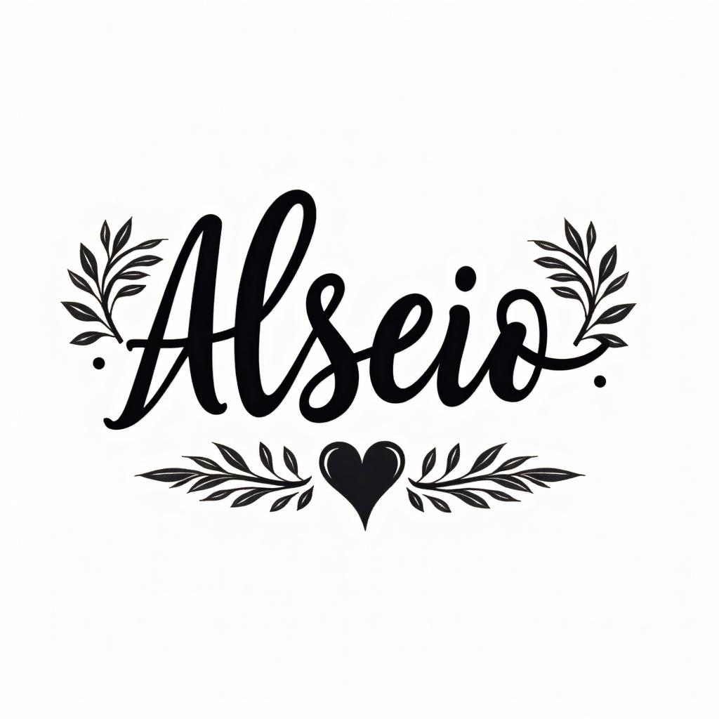 Alessio ❤️in elegant cursive calligraphy style 2d tattoo, decorate with roses, featuring a smooth and flowing handwritten script with slightly thickened strokes for a luxurious and bold appearance, heart symbol between names, sleek and glossy black text with shadowing, minimalist matte white background, clean and sharp edges, illuminated with soft lighting, romantic, 8k, high-quality textures with refined typography - Variation 3