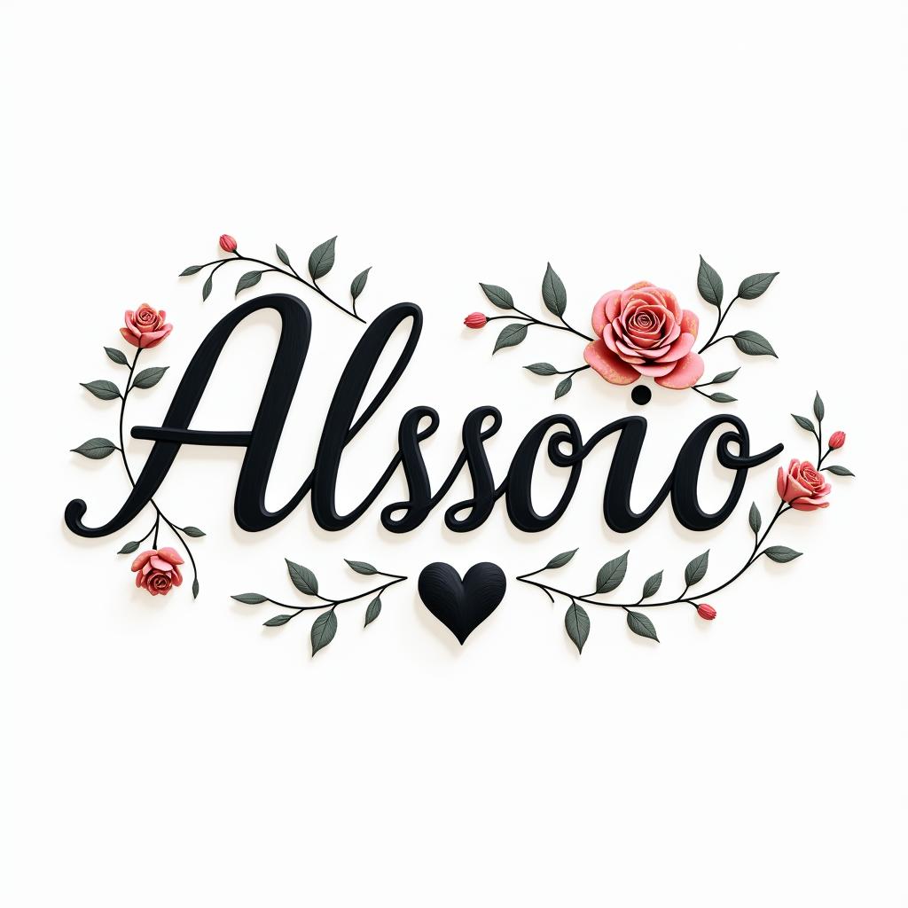Alessio ❤️in elegant cursive calligraphy style 2d tattoo, decorate with roses, featuring a smooth and flowing handwritten script with slightly thickened strokes for a luxurious and bold appearance, heart symbol between names, sleek and glossy black text with shadowing, minimalist matte white background, clean and sharp edges, illuminated with soft lighting, romantic, 8k, high-quality textures with refined typography