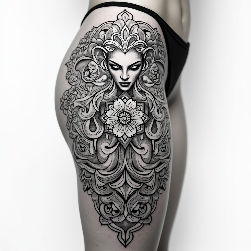 Medusa front of
thigh tattoo, incorporating January, March and December birth flowersin dotwork style tattoo, complex mandala patterns, interlocking geometric shapes with sharp symmetry, clean lines, sharp angles