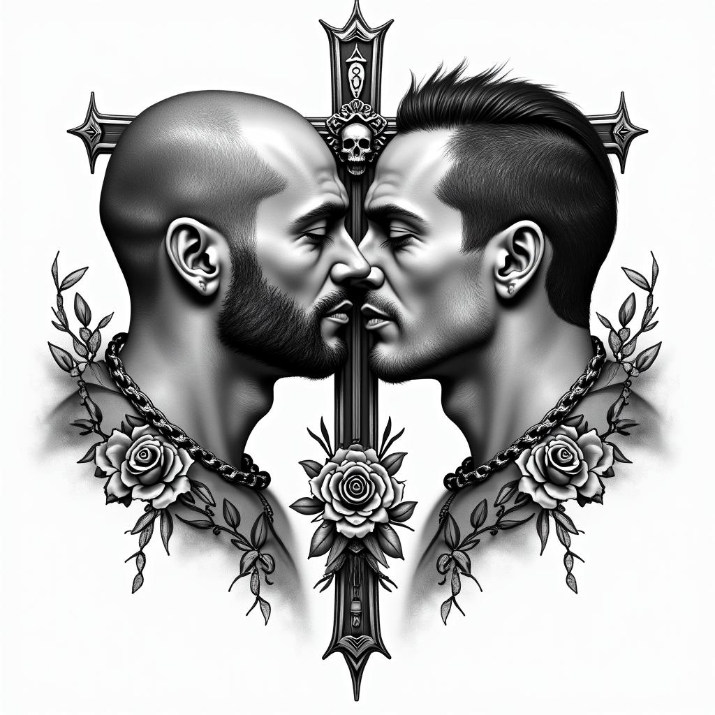 3 brothers who love it each otherin chicano style tattoo, featuring intricate black and grey shading, bold elements of traditional chicano culture symbols, add a big cross with skull, chains and roses - Variation 3