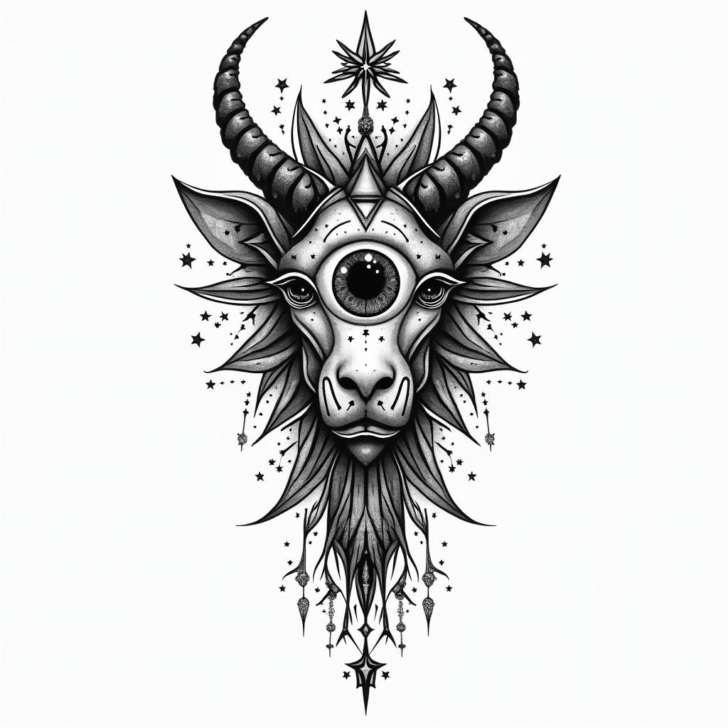 Alexis,capricornio,18011984in prophecy tattoo style, featuring mystical symbols, celestial imagery like stars, moons, suns, geometric patterns, foretelling elements, an eye of wisdom - Variation 3