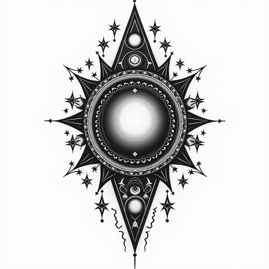 Alexis,capricornio,18011984in prophecy tattoo style, featuring mystical symbols, celestial imagery like stars, moons, suns, geometric patterns, foretelling elements, an eye of wisdom