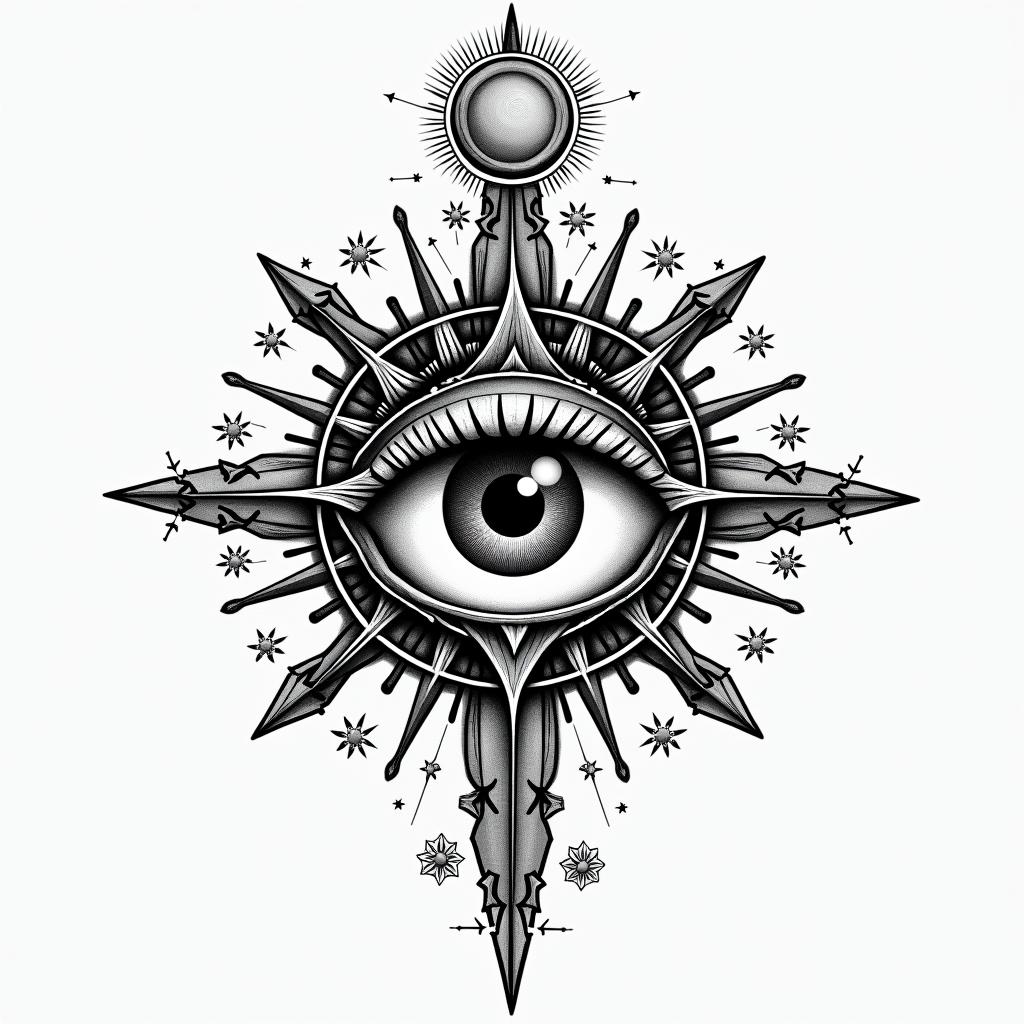 Alexis,capricornio,18011984in prophecy tattoo style, featuring mystical symbols, celestial imagery like stars, moons, suns, geometric patterns, foretelling elements, an eye of wisdom - Variation 4