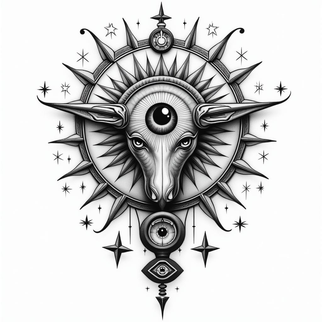 Alexis,capricornio,18011984in prophecy tattoo style, featuring mystical symbols, celestial imagery like stars, moons, suns, geometric patterns, foretelling elements, an eye of wisdom - Variation 2
