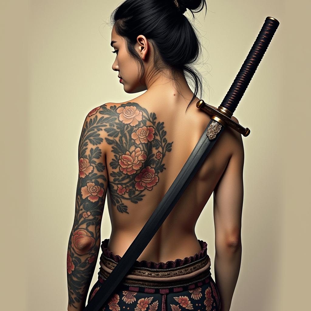 Samurai with a katanain victorian style tattoo, featuring vintage and elegant elements, ornate frames, roses, antique, sepia-toned color scheme - Variation 5