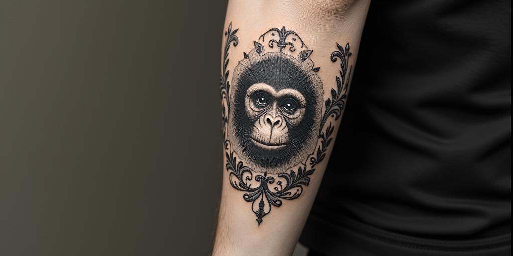 My late partner who dies loved monkeys and coffee and was from Rhode Island.in victorian style tattoo, featuring vintage and elegant elements, ornate frames, roses, antique, sepia-toned color scheme - Variation 3