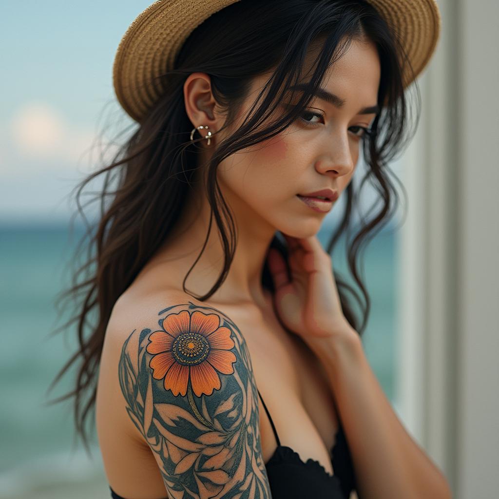 Sílvia, saggitarius, love to read, love the ocean and beachesin realism tattoo style, featuring a highly detailed, lifelike, capturing every detail, photorealistic, ultra realistic, intricate shading, smooth and sharp, - Variation 3
