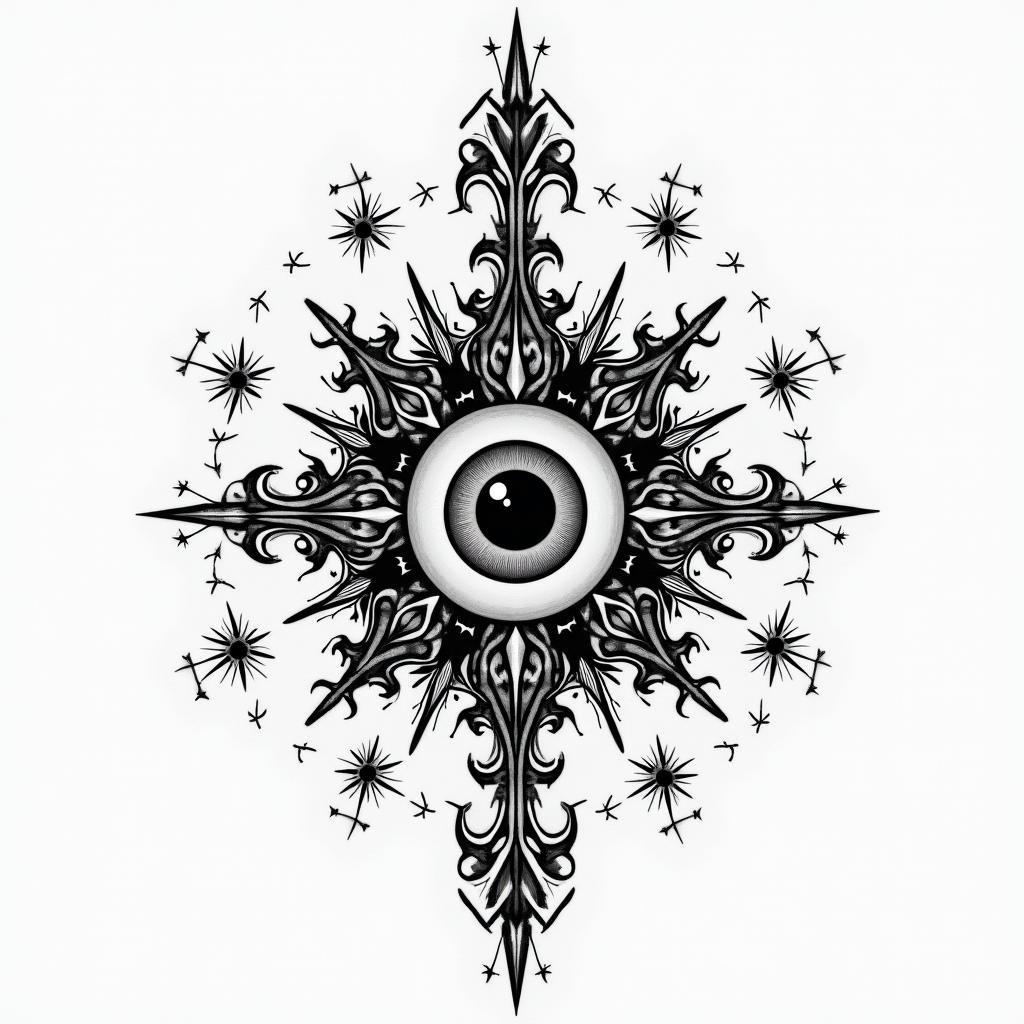 Quebecin prophecy tattoo style, featuring mystical symbols, celestial imagery like stars, moons, suns, geometric patterns, foretelling elements, an eye of wisdom - Variation 4
