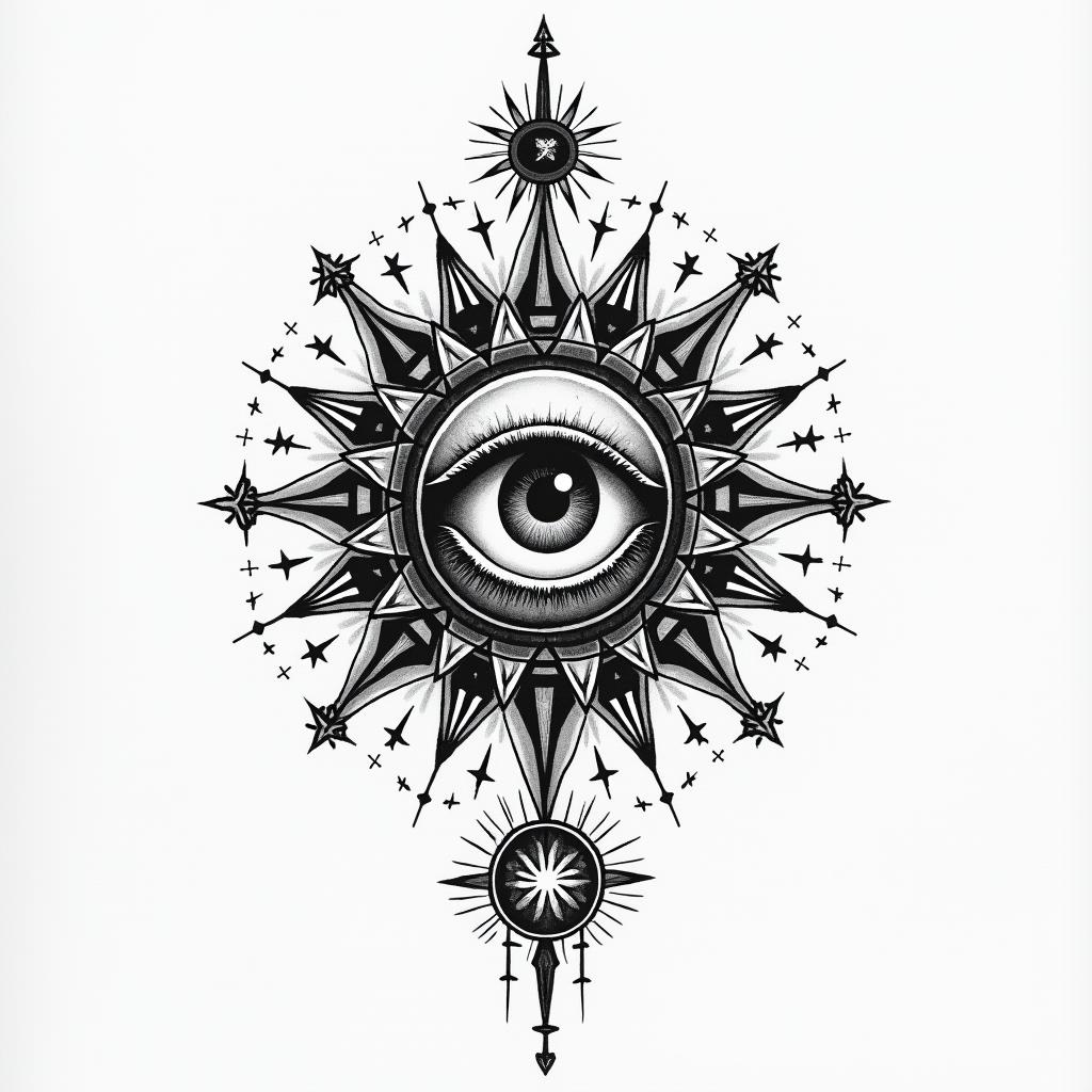 Quebecin prophecy tattoo style, featuring mystical symbols, celestial imagery like stars, moons, suns, geometric patterns, foretelling elements, an eye of wisdom - Variation 2