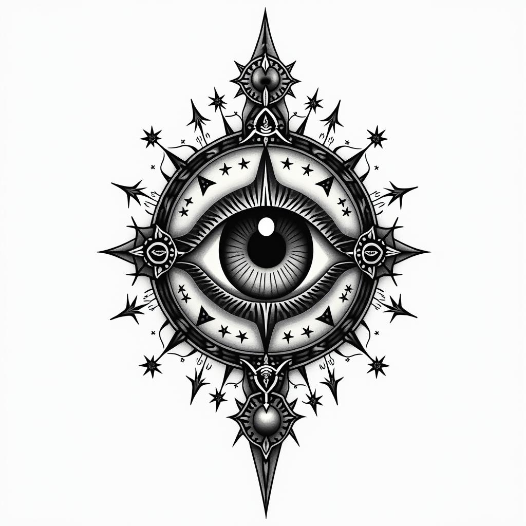 Quebecin prophecy tattoo style, featuring mystical symbols, celestial imagery like stars, moons, suns, geometric patterns, foretelling elements, an eye of wisdom