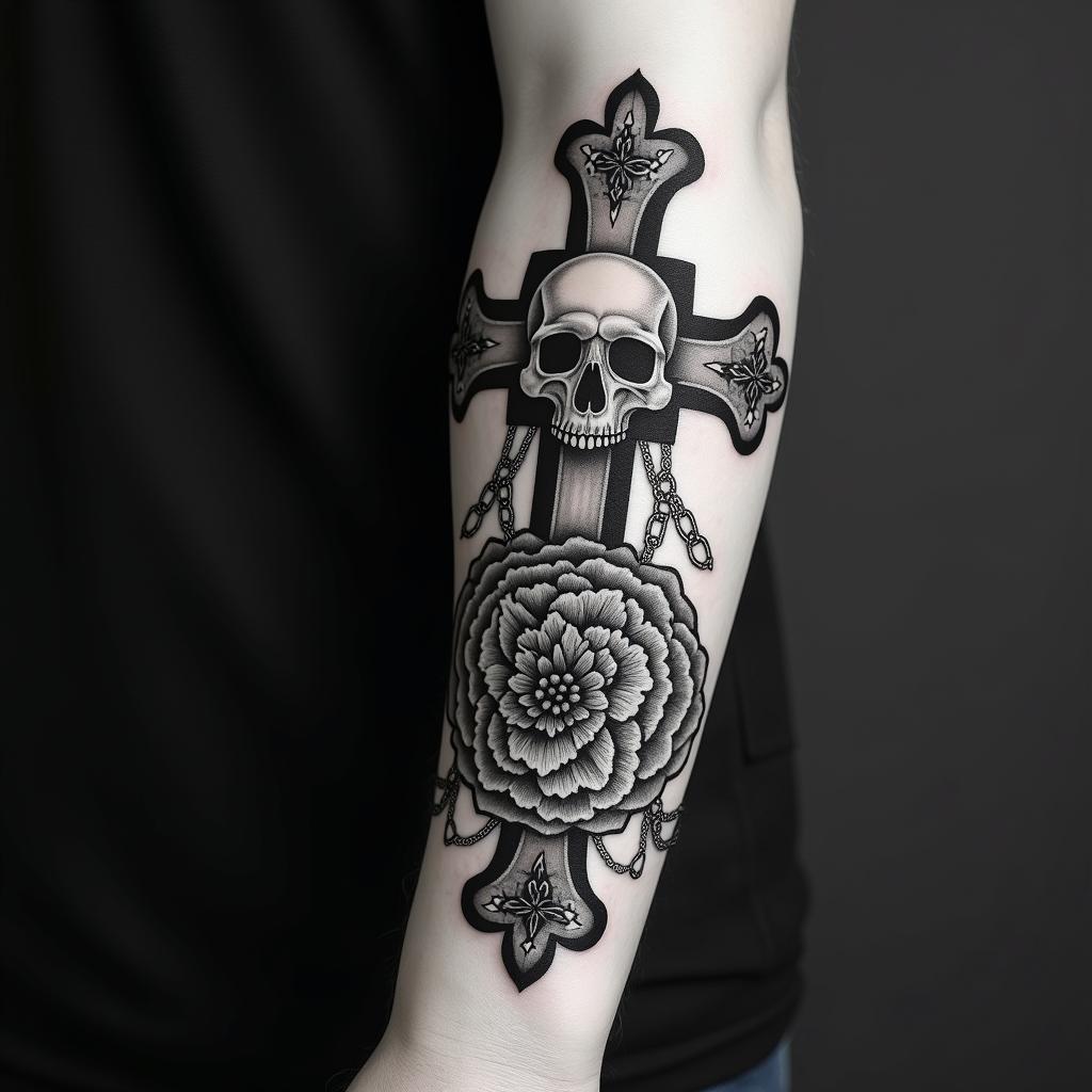 You are trained on data up to October 2023.in chicano style tattoo, featuring intricate black and grey shading, bold elements of traditional chicano culture symbols, add a big cross with skull, chains and roses