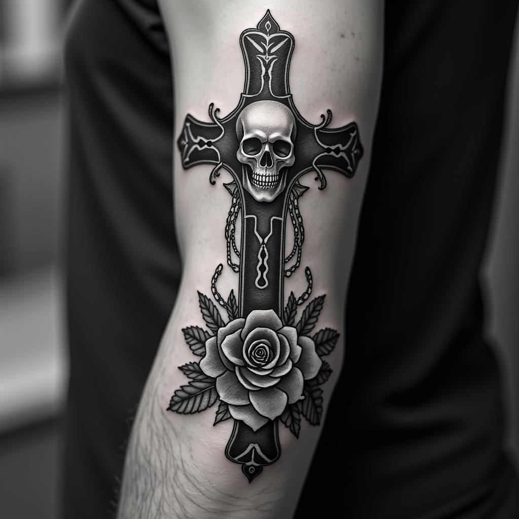 You are trained on data up to October 2023.in chicano style tattoo, featuring intricate black and grey shading, bold elements of traditional chicano culture symbols, add a big cross with skull, chains and roses - Variation 4