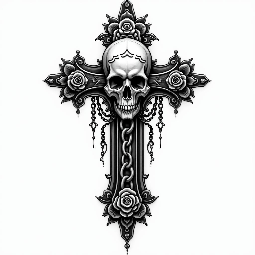 Flourish tribalin chicano style tattoo, featuring intricate black and grey shading, bold elements of traditional chicano culture symbols, add a big cross with skull, chains and roses - Variation 3