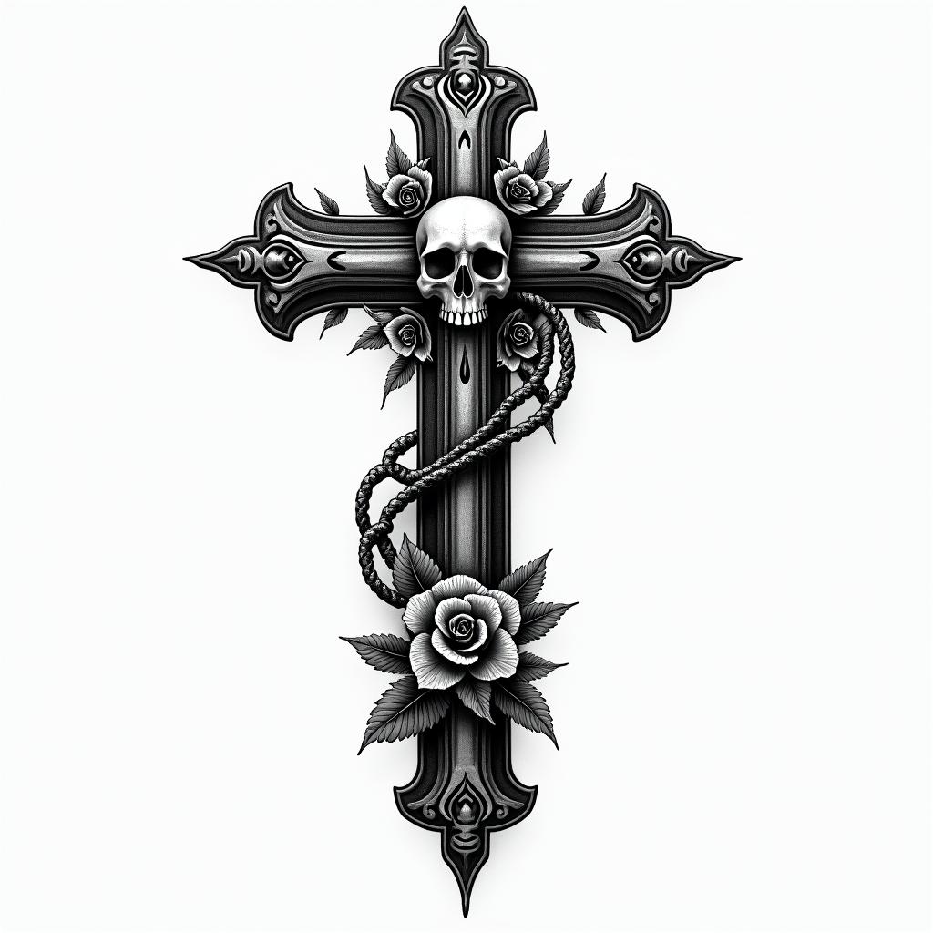 Flourish tribalin chicano style tattoo, featuring intricate black and grey shading, bold elements of traditional chicano culture symbols, add a big cross with skull, chains and roses