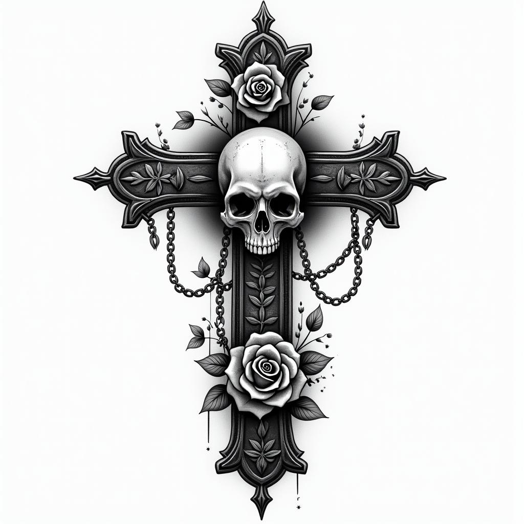 Flourish tribalin chicano style tattoo, featuring intricate black and grey shading, bold elements of traditional chicano culture symbols, add a big cross with skull, chains and roses - Variation 4