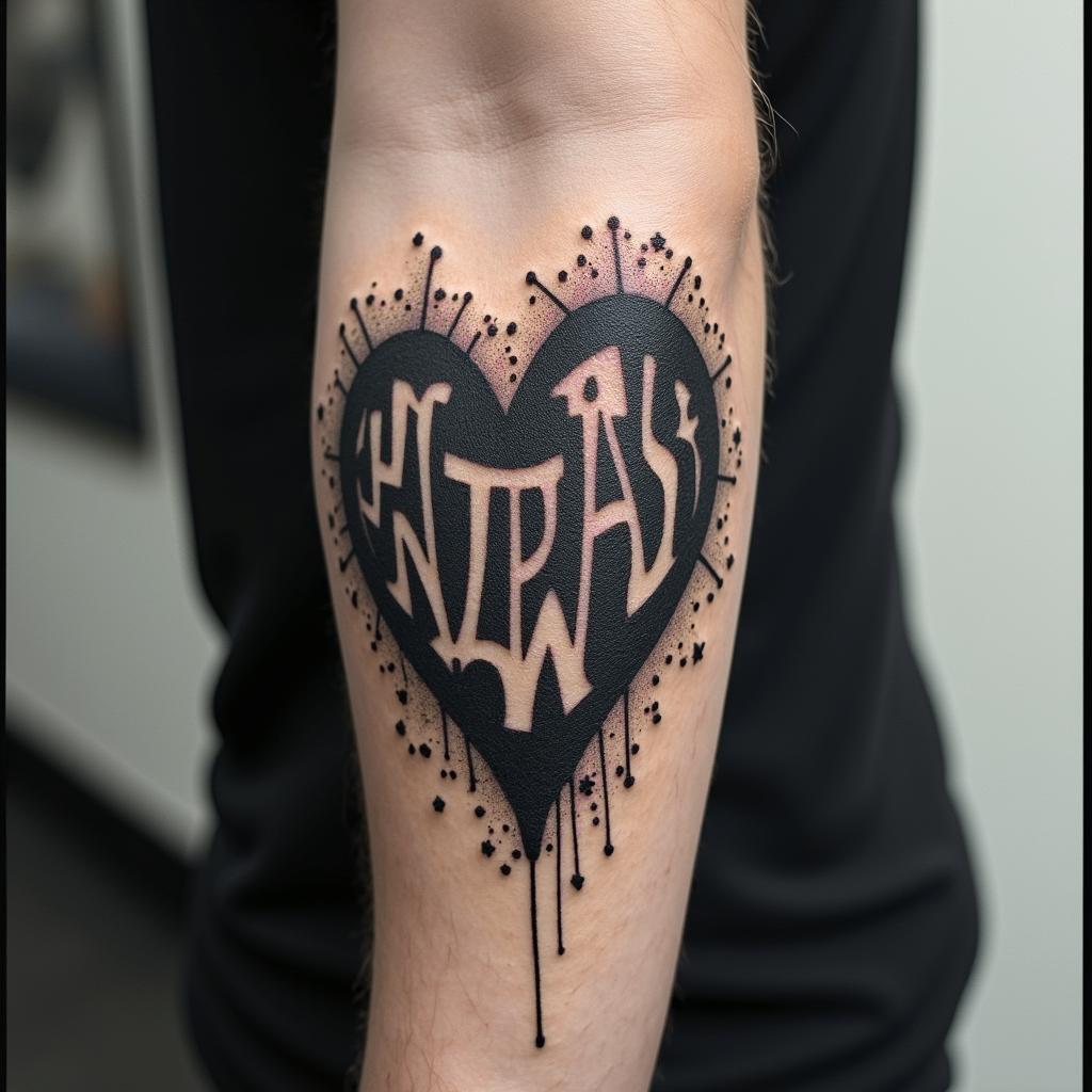 New Mexicoin graffiti style tattoo, featuring bold and dynamic street art elements, spray-paint texture with exaggerated lines and expressive, chaotic brushstrokes, intricate lettering incorporated with graffiti tags, symbols like hearts, stars, and wings - Variation 3