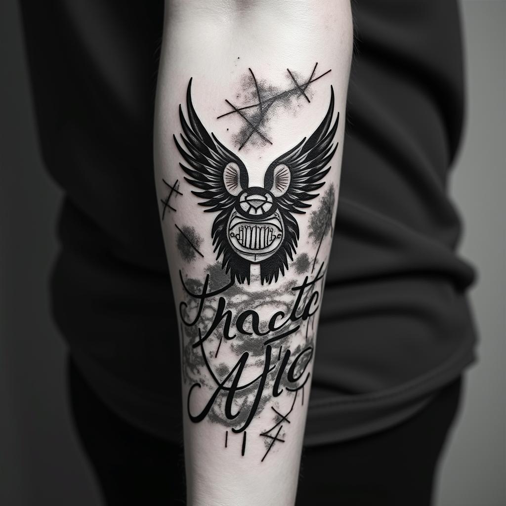 New Mexicoin graffiti style tattoo, featuring bold and dynamic street art elements, spray-paint texture with exaggerated lines and expressive, chaotic brushstrokes, intricate lettering incorporated with graffiti tags, symbols like hearts, stars, and wings - Variation 2