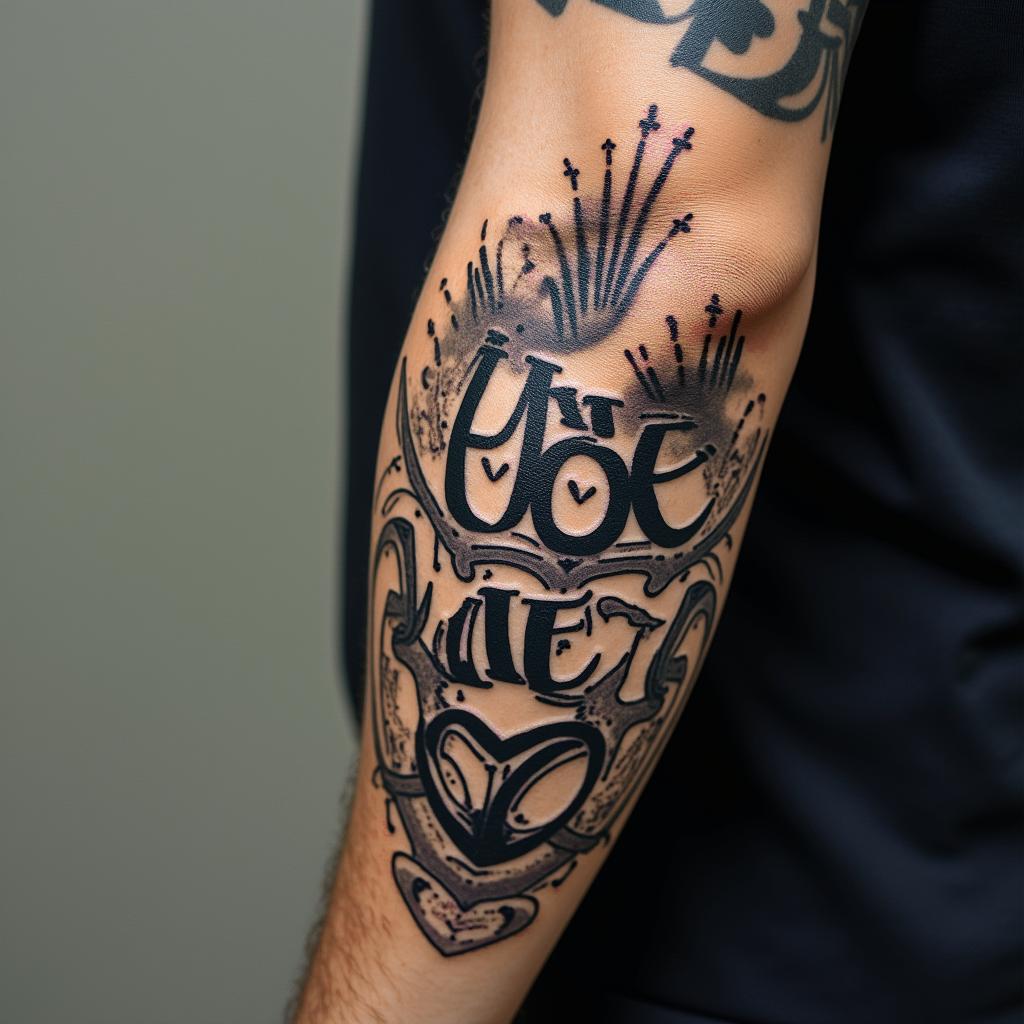 New Mexicoin graffiti style tattoo, featuring bold and dynamic street art elements, spray-paint texture with exaggerated lines and expressive, chaotic brushstrokes, intricate lettering incorporated with graffiti tags, symbols like hearts, stars, and wings