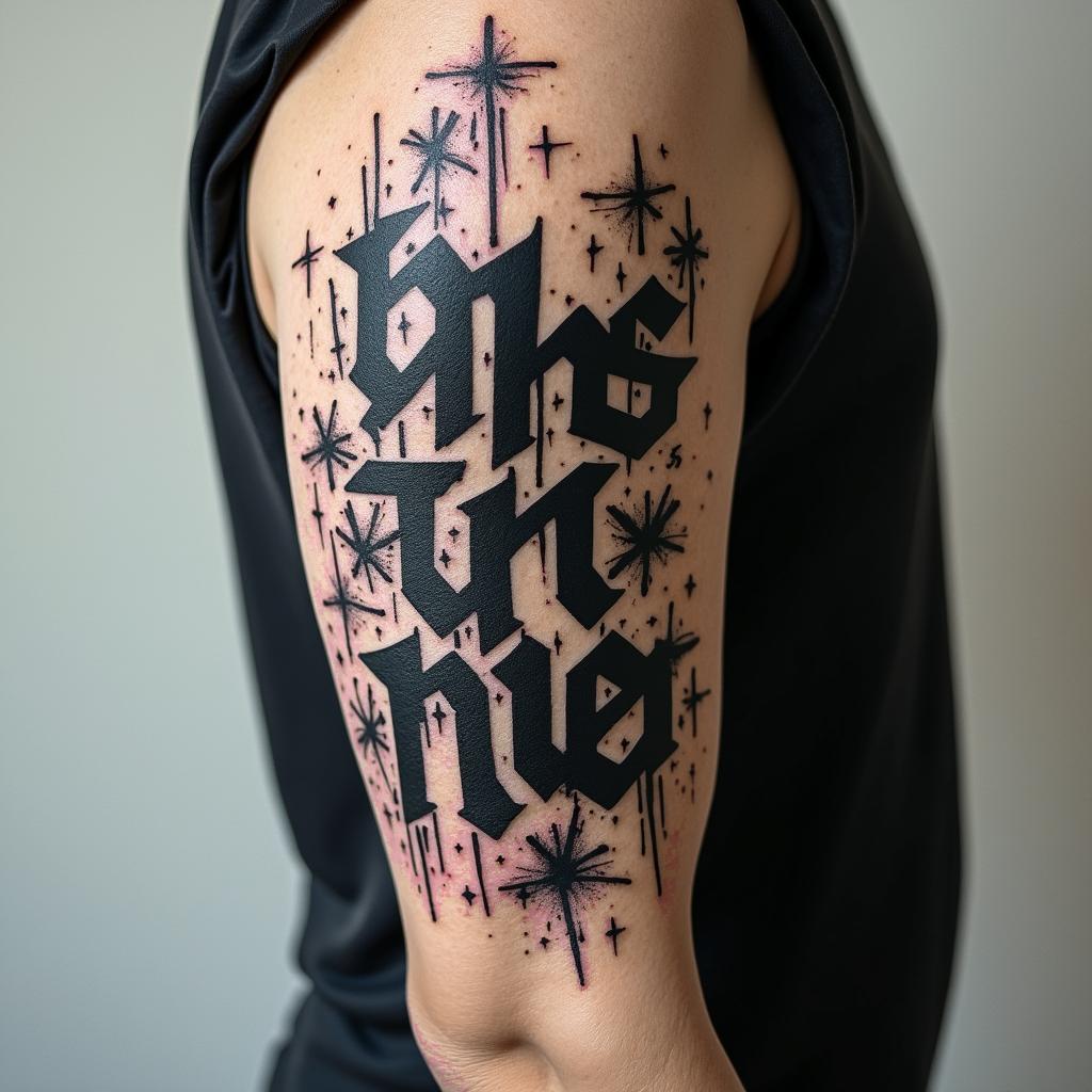 New Mexicoin graffiti style tattoo, featuring bold and dynamic street art elements, spray-paint texture with exaggerated lines and expressive, chaotic brushstrokes, intricate lettering incorporated with graffiti tags, symbols like hearts, stars, and wings - Variation 4