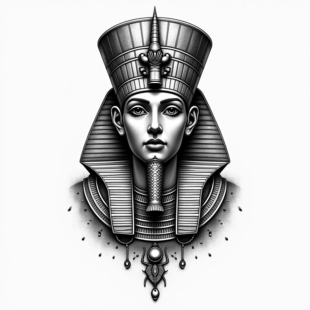 Jörmungandrin egyptian style tattoo, bold elements of ancient egyptian culture including a portrait of an Egyptian pharaoh with detailed facial features, in hieroglyphs and symbolic imagery, eye of horus, ankh symbol, scarab beetle