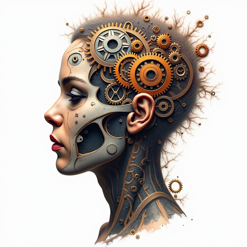 Mechanical gears fused with human anatomyin portrait tattoo style, featuring a highly realistic and detailed depiction