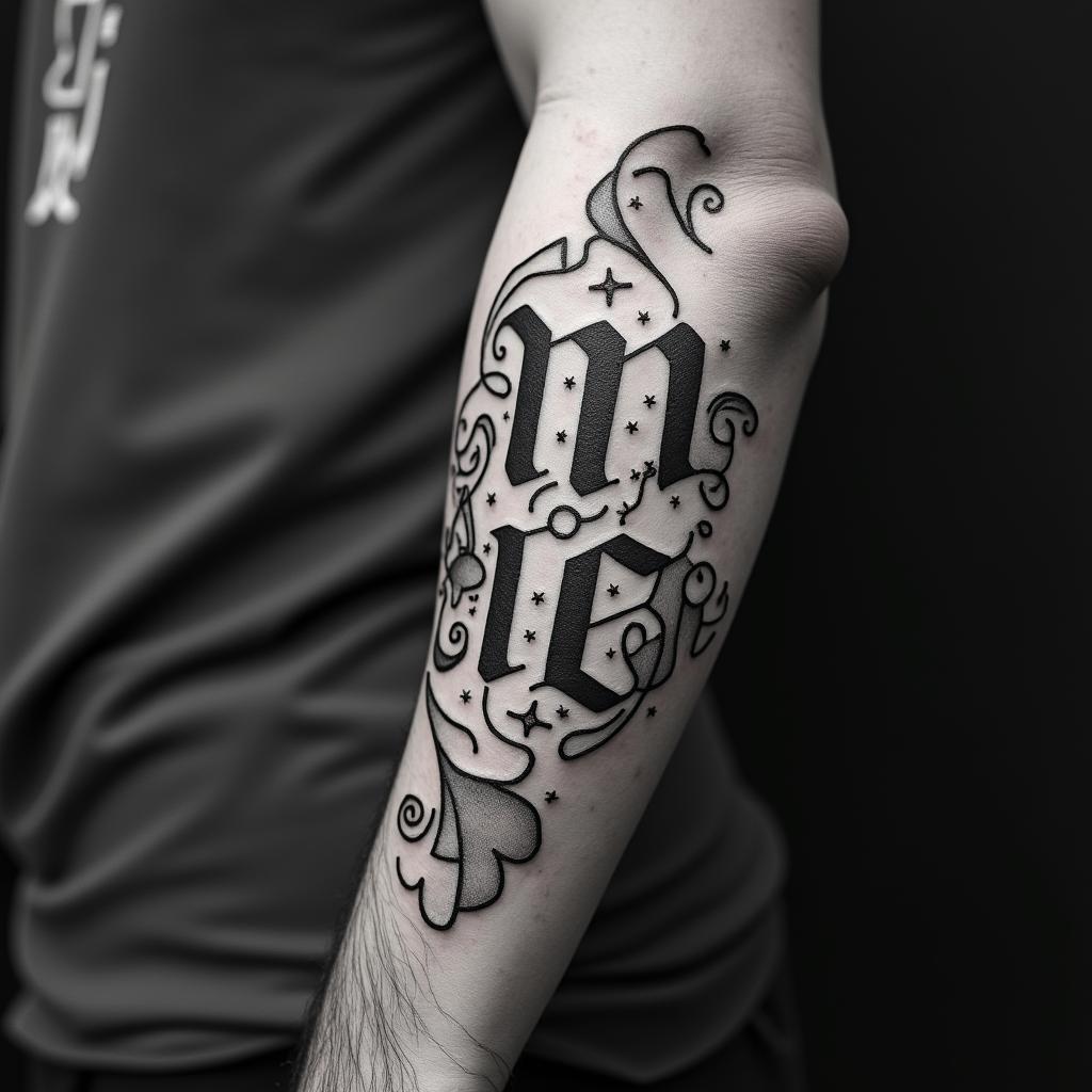 New Mexicotext-based tattoo, gothic font ultra-realistic, perfectly placed, high-quality font design, photo-realistic shading, 8k, high quality, finely detailed typography - Variation 3
