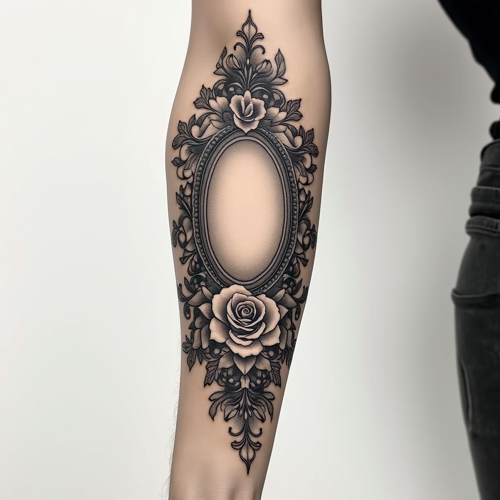 Forearmin victorian style tattoo, featuring vintage and elegant elements, ornate frames, roses, antique, sepia-toned color scheme