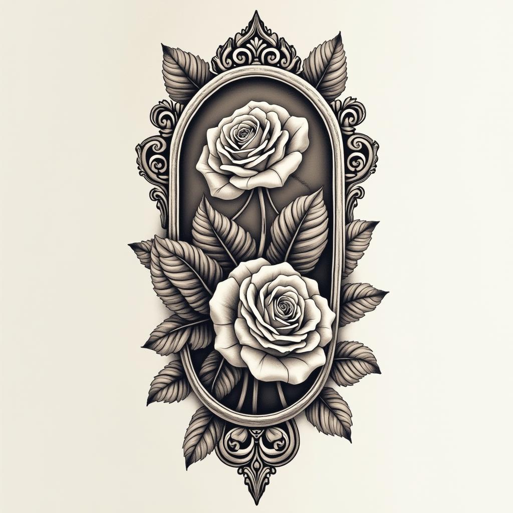 Forearmin victorian style tattoo, featuring vintage and elegant elements, ornate frames, roses, antique, sepia-toned color scheme - Variation 4