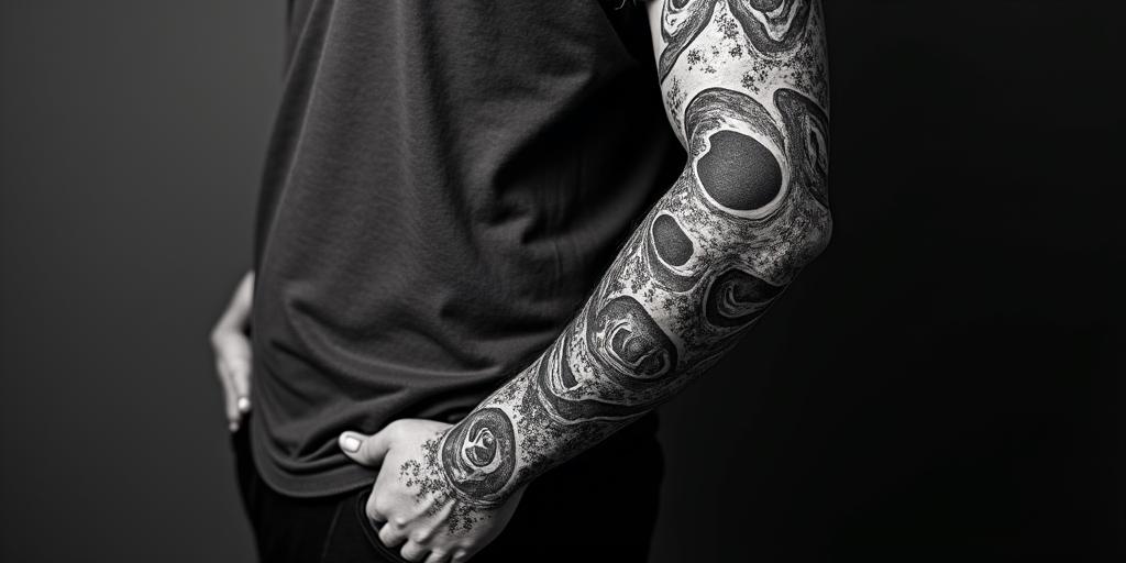 Fancy tribal in horror tattoo style, showcasing haunting and unsettling, dark and gritty textures with skulls, eerie faces, jgged designs, bold and intense shading - Variation 2