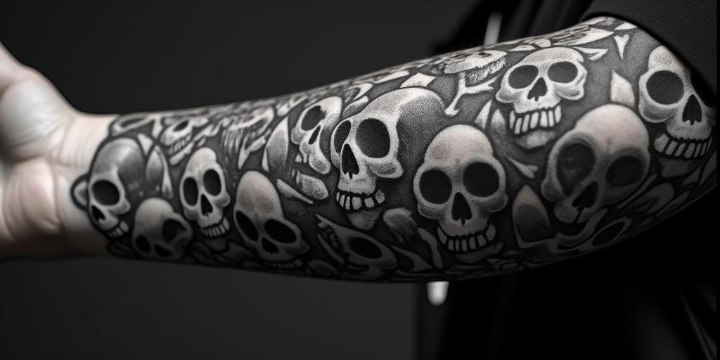 Fancy tribal in horror tattoo style, showcasing haunting and unsettling, dark and gritty textures with skulls, eerie faces, jgged designs, bold and intense shading