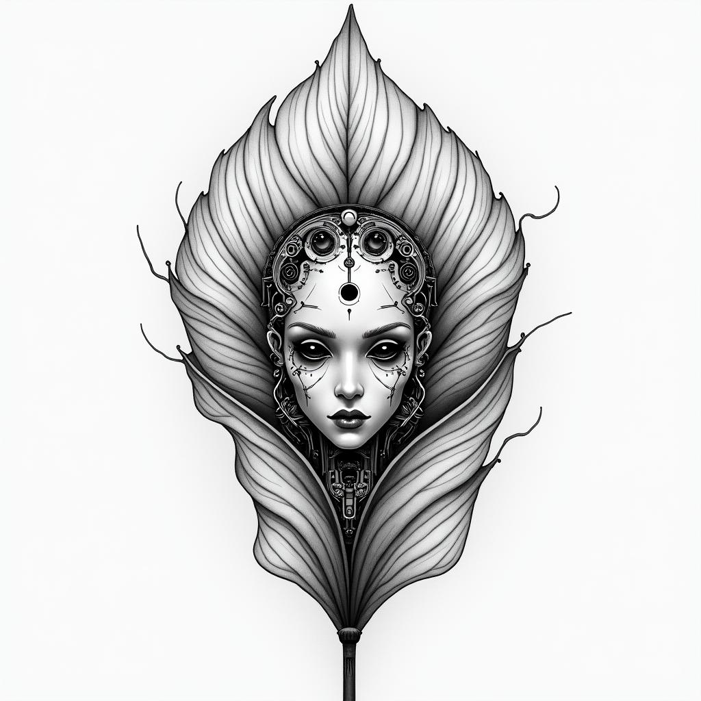 Lily leaf with eyes and face hidden in a cemeterytattoo in biomechanic style, the tattoo covered by robotic elements of futuristic cyberpunk design, robotic features detail, showcasing intricate mechanical components
