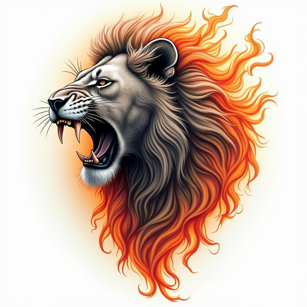 Roaring lion with a flowing manein flame tattoo style showcasing fiery elements with dynamic flame patterns, glowing effect of flames, natural colors - Variation 3