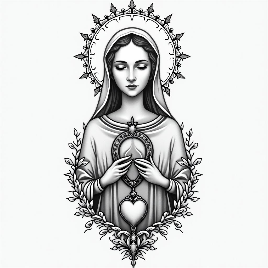 Tattoo of Our Lady Aparecida with the back of the Saint Benedict medal.in Modest style tattoo, featuring soft, delicate line work with simple and meaningful symbols, gentle waves, a heart, evoking a sense of serenity and grace, - Variation 2