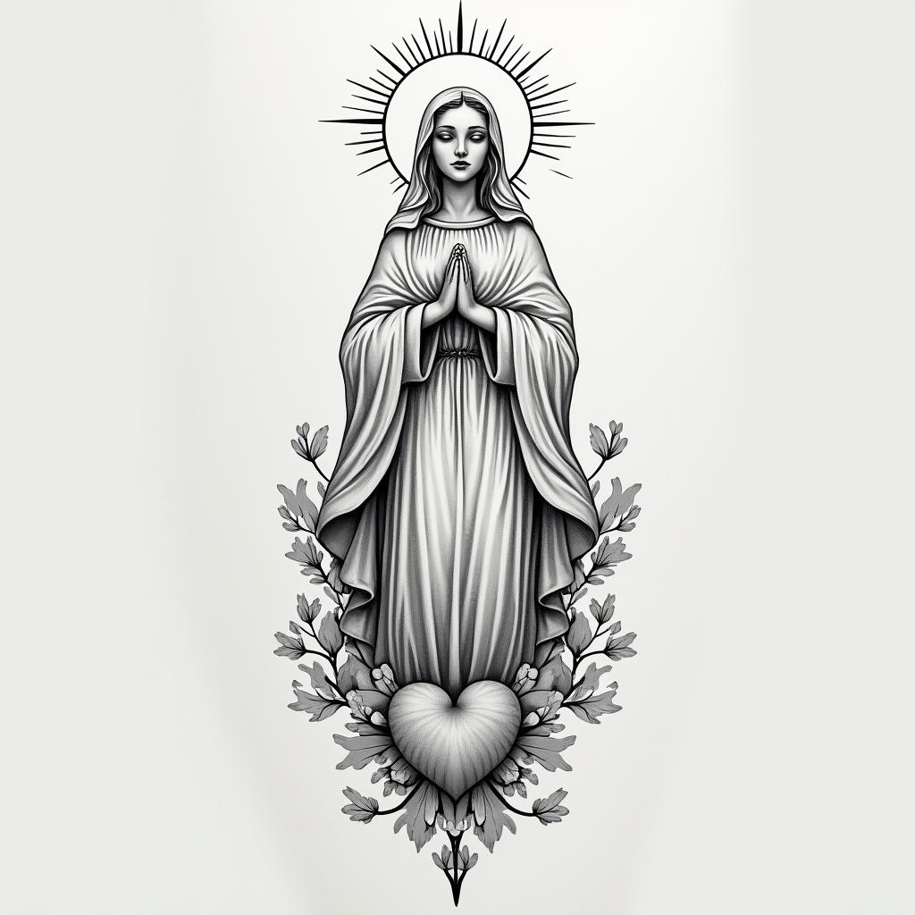 Tattoo of Our Lady Aparecida with the back of the Saint Benedict medal.in Modest style tattoo, featuring soft, delicate line work with simple and meaningful symbols, gentle waves, a heart, evoking a sense of serenity and grace,