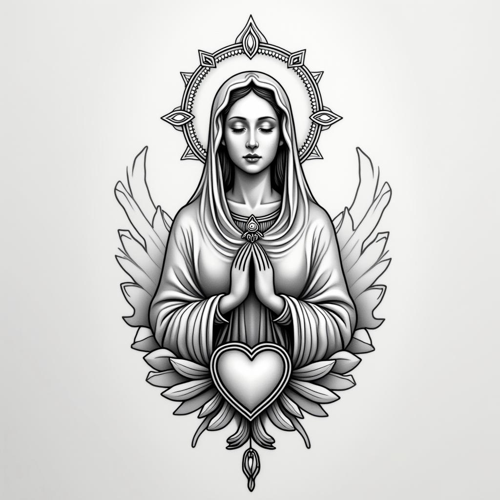 Tattoo of Our Lady Aparecida with the back of the Saint Benedict medal.in Modest style tattoo, featuring soft, delicate line work with simple and meaningful symbols, gentle waves, a heart, evoking a sense of serenity and grace, - Variation 3