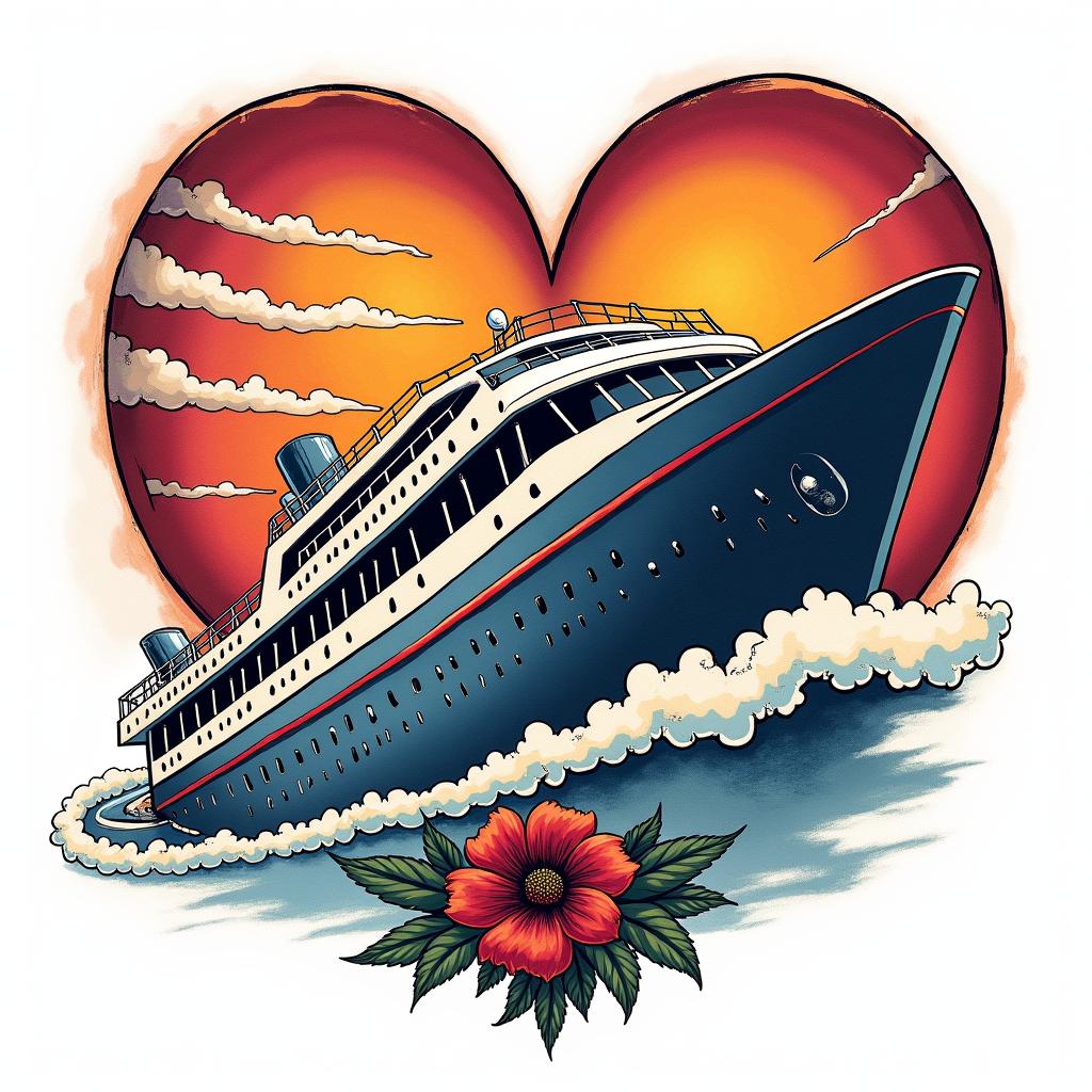 Cruise infinityin pop art style tattoo, featuring bold and vibrant colors, exaggerated outlines, iconic imagery, inspired by comic books and speech bubbles, comic book characters, retro pop culture