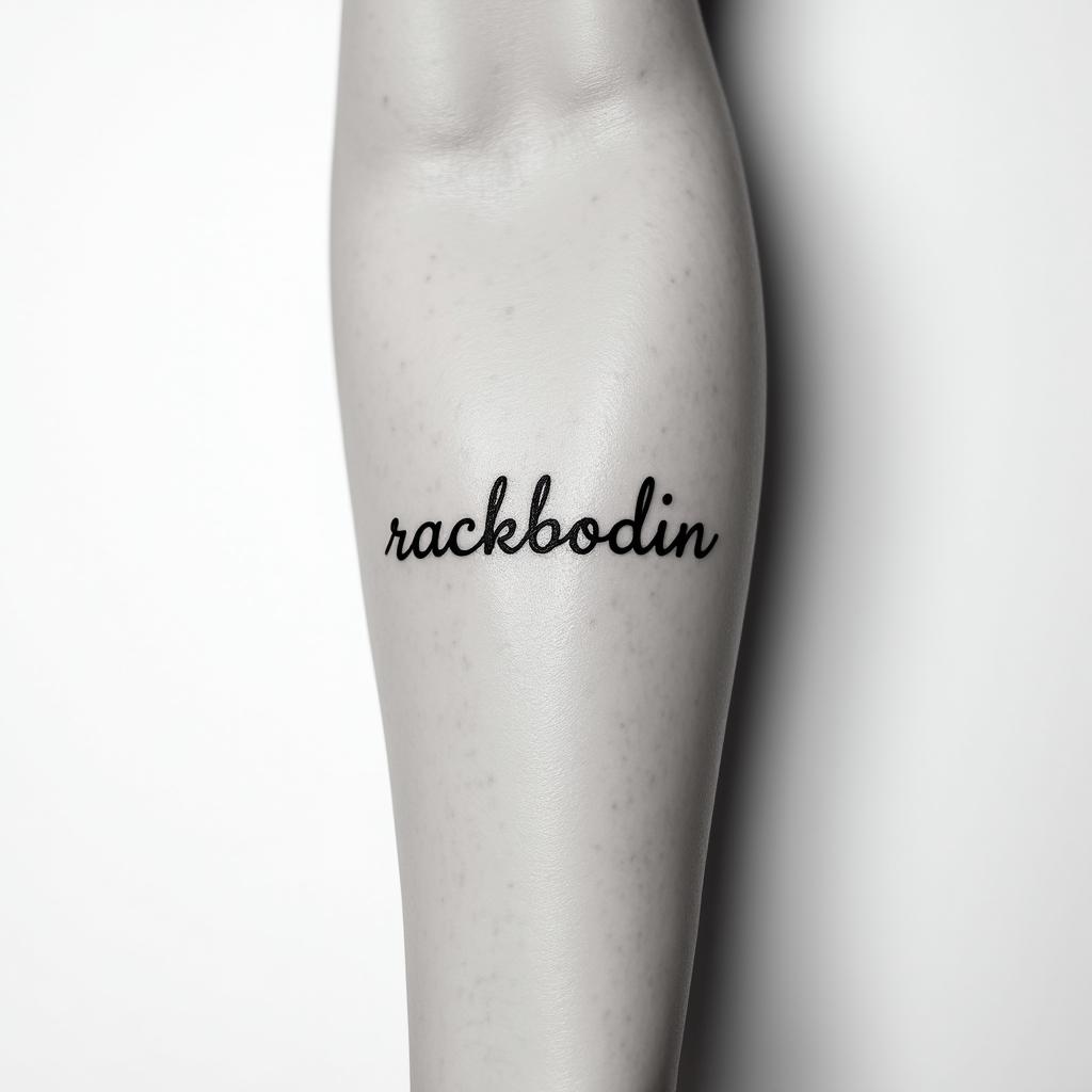 half sleeve tattoo of the word “rackbodin” with clloudsminimalist text-based tattoo, Monospace font ultra-realistic, perfectly placed, high-quality font design, photo-realistic shading, 8k, high quality, finely detailed typograph - Variation 2