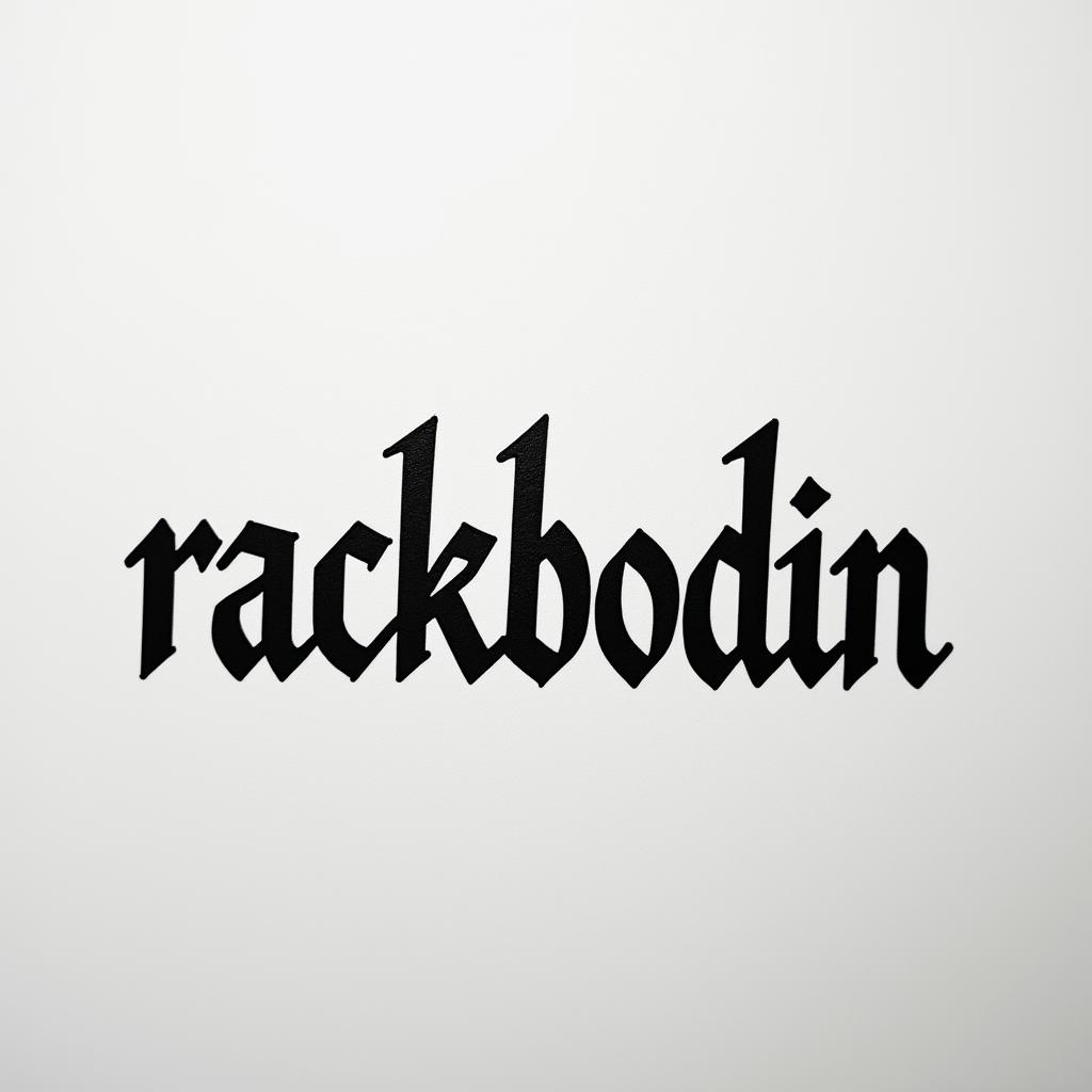 half sleeve tattoo of the word “rackbodin” with clloudsminimalist text-based tattoo, Monospace font ultra-realistic, perfectly placed, high-quality font design, photo-realistic shading, 8k, high quality, finely detailed typograph