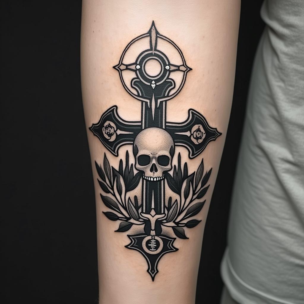 New mexico state outline with a zia symbol coming from the middle with a lobo sitting in front of the albuquerque skylinein chicano style tattoo, featuring intricate black and grey shading, bold elements of traditional chicano culture symbols, add a big cross with skull, chains and roses - Variation 3