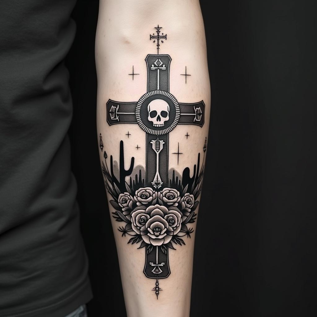 New mexico state outline with a zia symbol coming from the middle with a lobo sitting in front of the albuquerque skylinein chicano style tattoo, featuring intricate black and grey shading, bold elements of traditional chicano culture symbols, add a big cross with skull, chains and roses - Variation 2