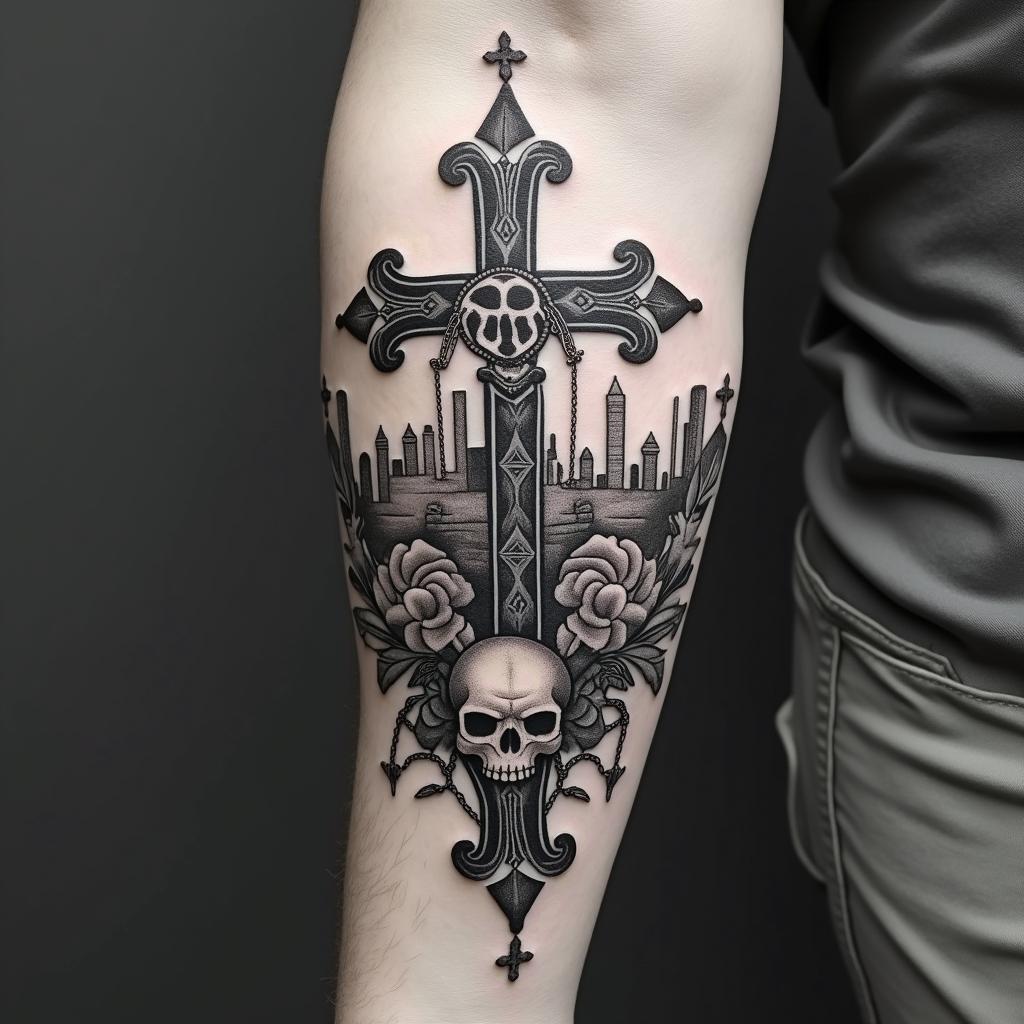 New mexico state outline with a zia symbol coming from the middle with a lobo sitting in front of the albuquerque skylinein chicano style tattoo, featuring intricate black and grey shading, bold elements of traditional chicano culture symbols, add a big cross with skull, chains and roses - Variation 4