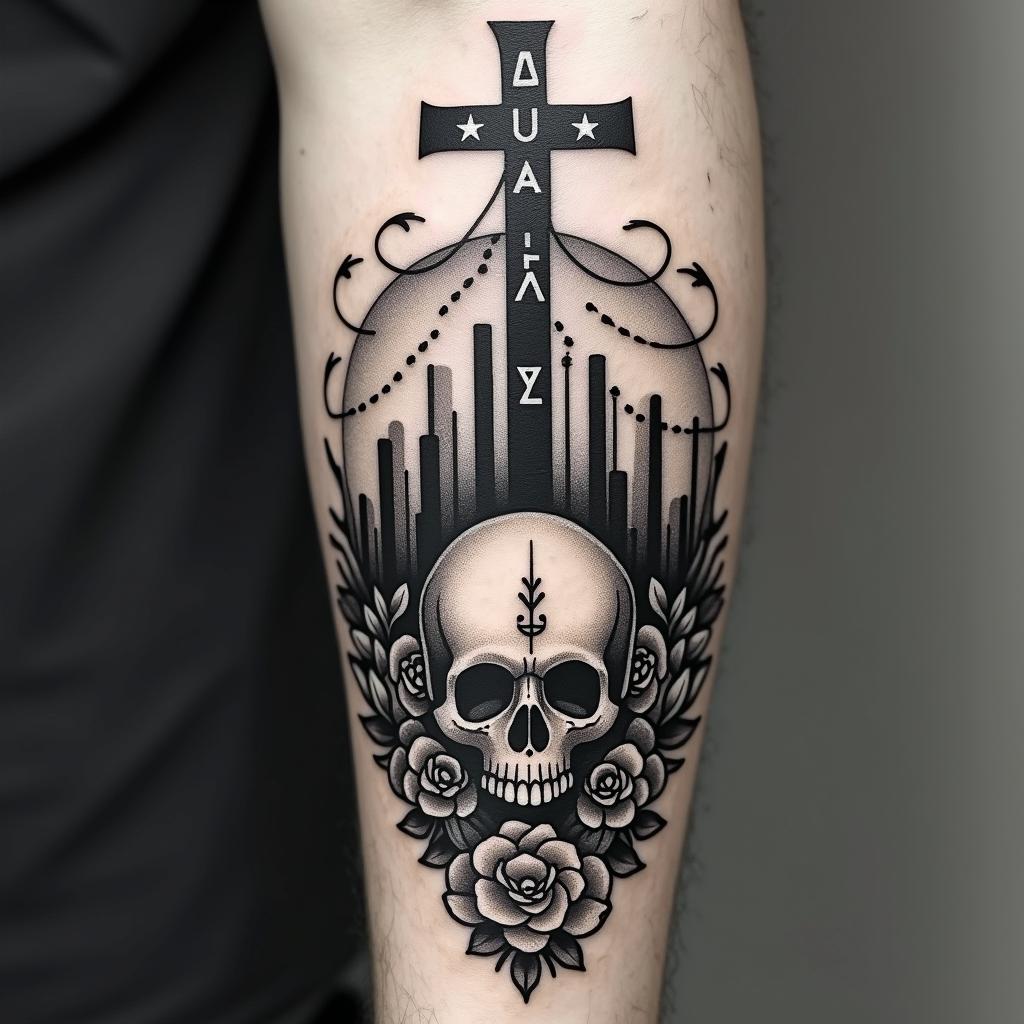 New mexico state outline with a zia symbol coming from the middle with a lobo sitting in front of the albuquerque skylinein chicano style tattoo, featuring intricate black and grey shading, bold elements of traditional chicano culture symbols, add a big cross with skull, chains and roses